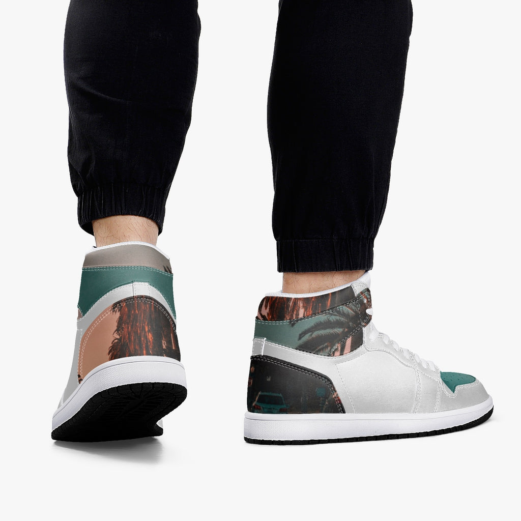 352. New Black High-Top Leather Sneakers  - Green & Grey